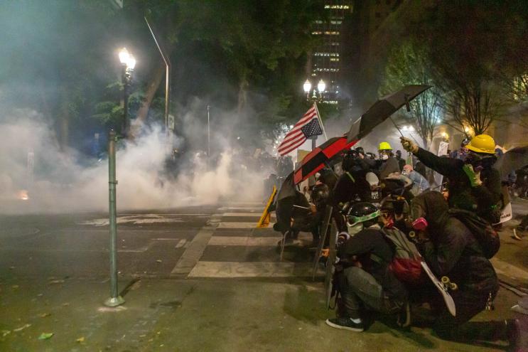 demonstrators at a protest rally