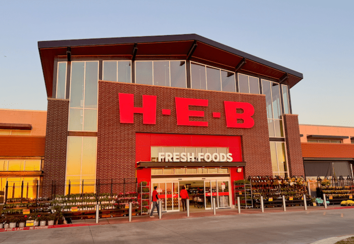 The exterior on an HEB at sundown
