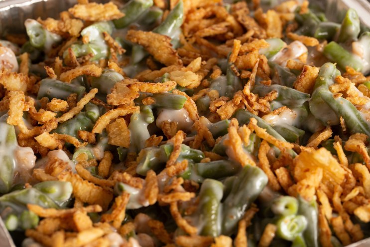A close-up of traditional Thanksgiving green bean casserole.