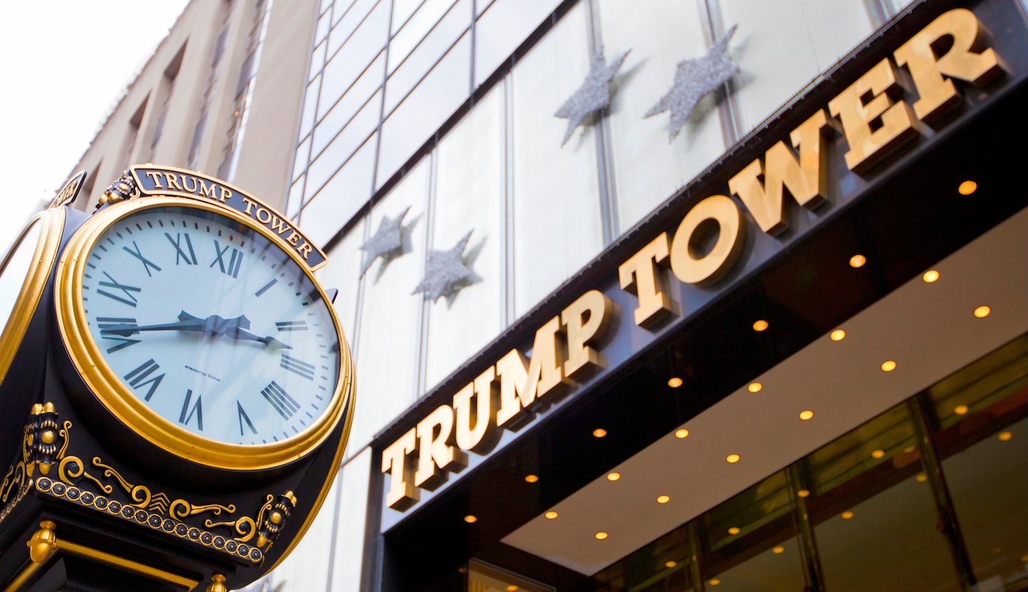 Clock and exterior sign on Trump Tower.