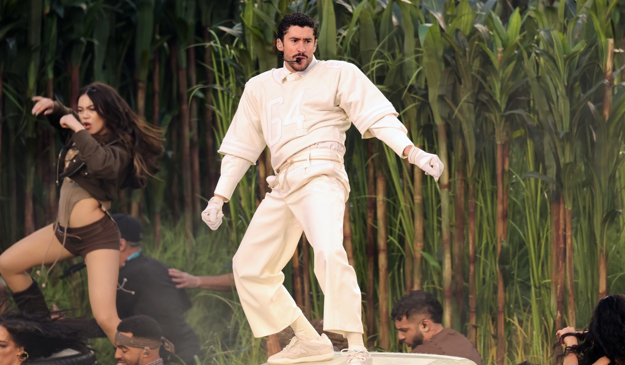 Bad Bunny performs onstage during the Apple Music Super Bowl LX Halftime Show at Levi's Stadium on February 08, 2026 in Santa Clara, California.