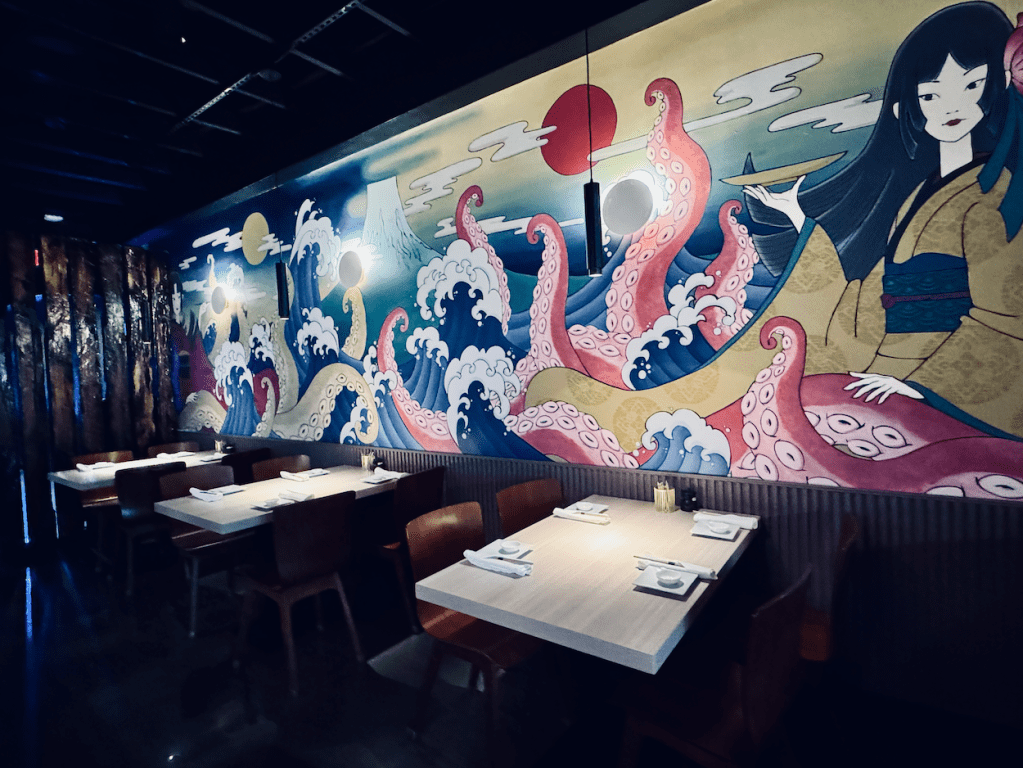 a Japanese inspired dining room mural at Mizu.