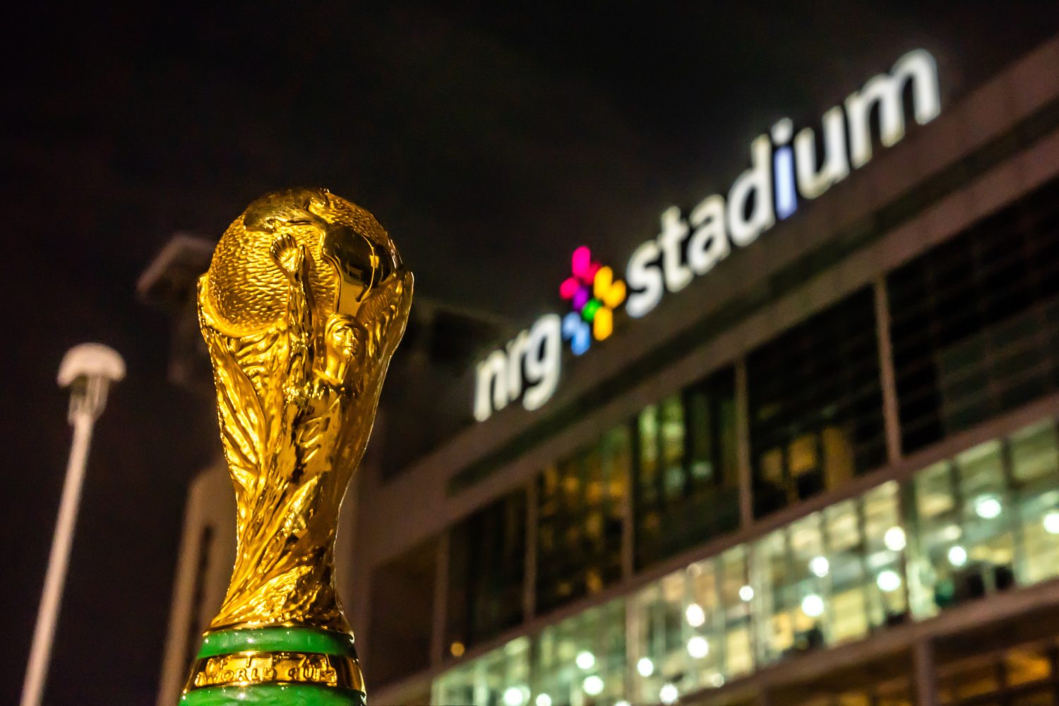 The World Cup trophy in front of NRG stadium in Houston