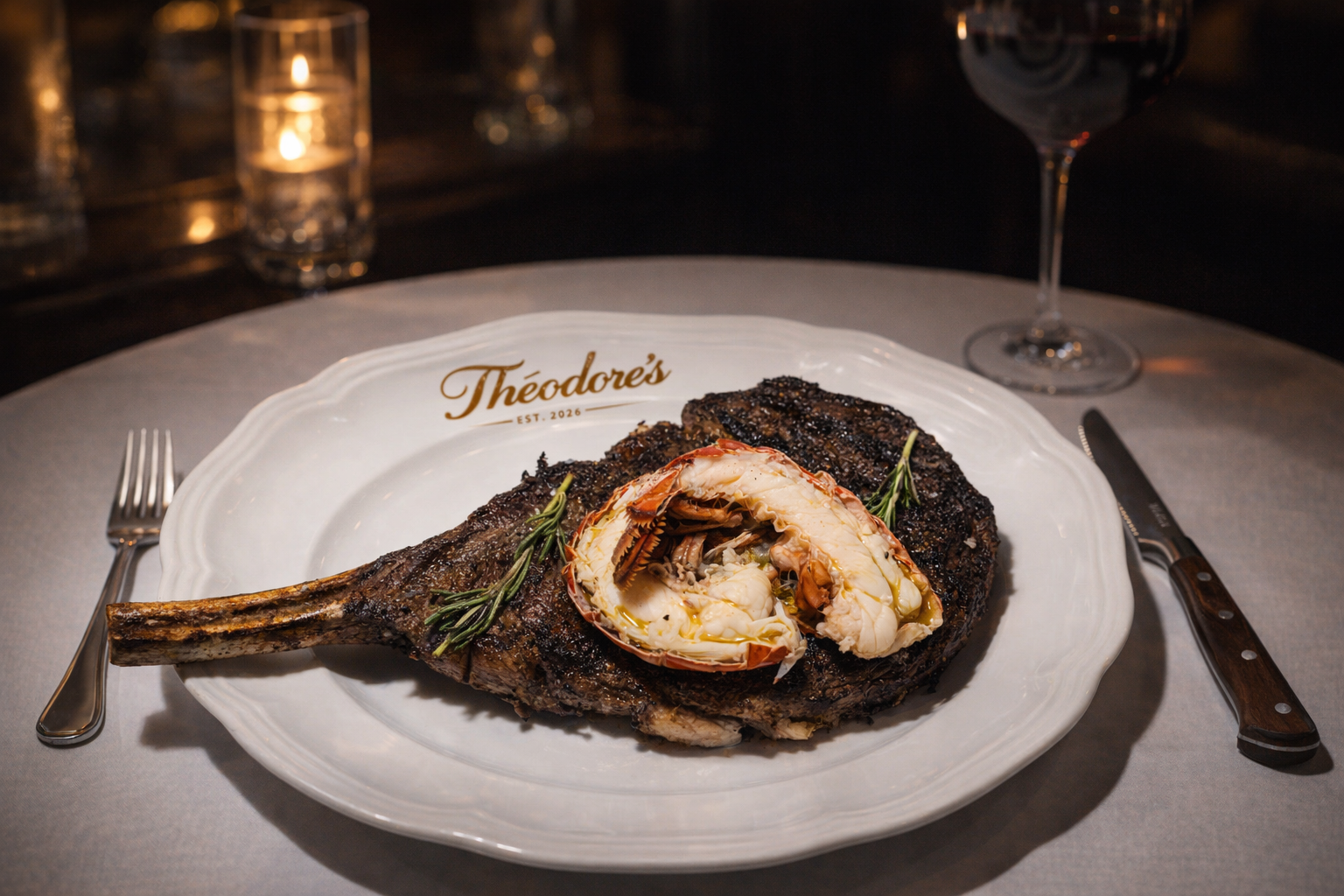 An elegant steak and lobster on a white plate, on a white table cloth.