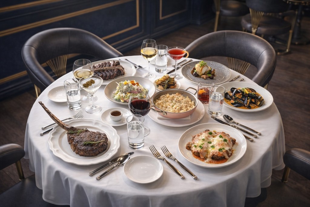 An elegant table setting full of steak, pasta and seafood.