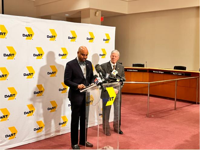 DART Chair Randall Bryant speaks at a press conference following Highland Park's vote.