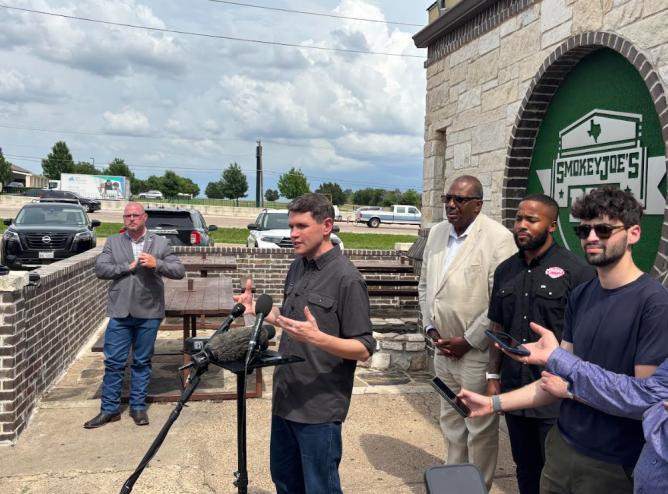 Talarico speaks on rising beef prices outside Smokey Joe's BBQ in southern Dallas.