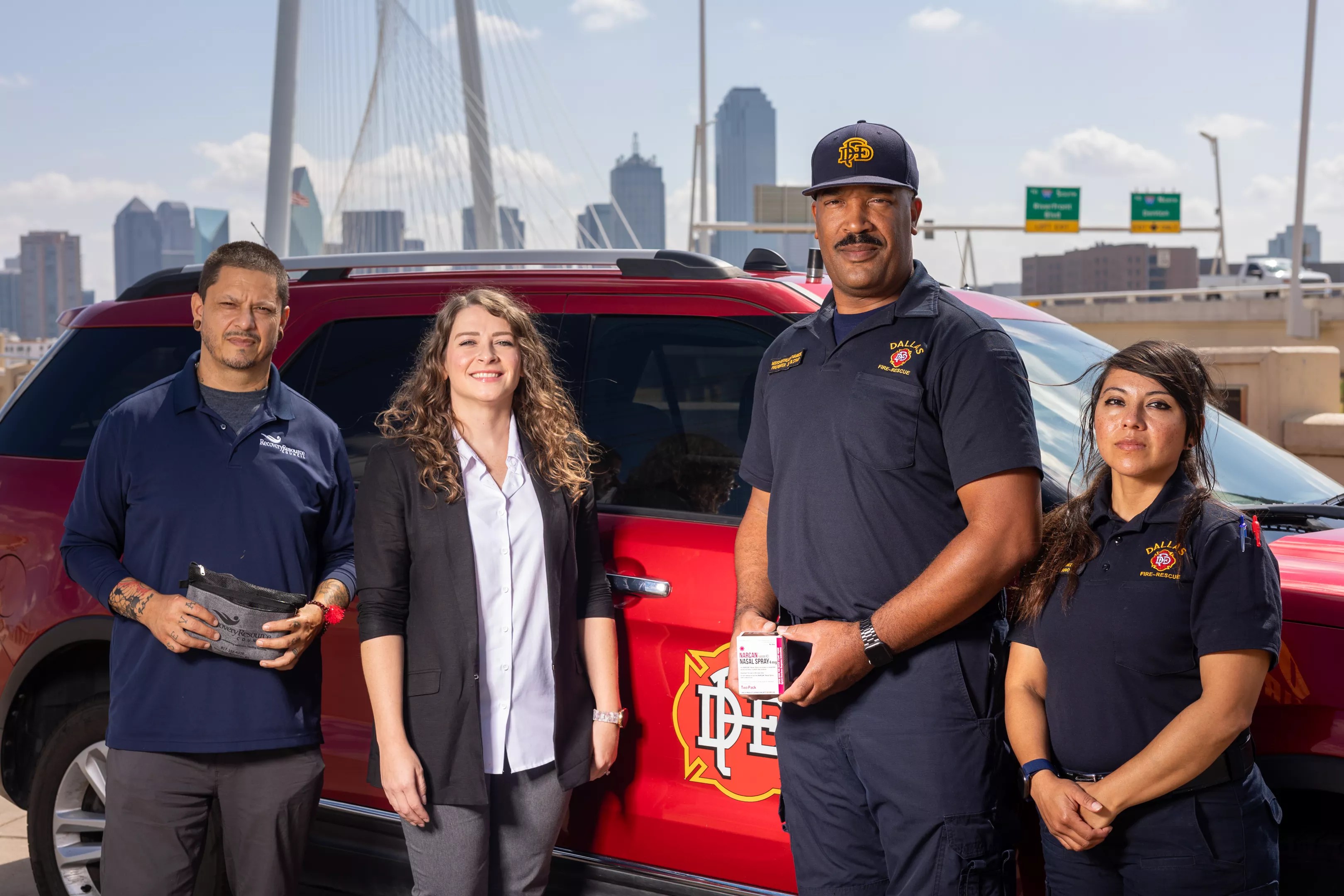From left to right: Recovery support peer specialist Michael Watkins, director of special projects for the Recovery Resource Council Becky Tinney, Dallas Fire Department Overdose Response Team coordinator Jarrod Gilstrap, community paramedic Hilda Navarro-Diaz