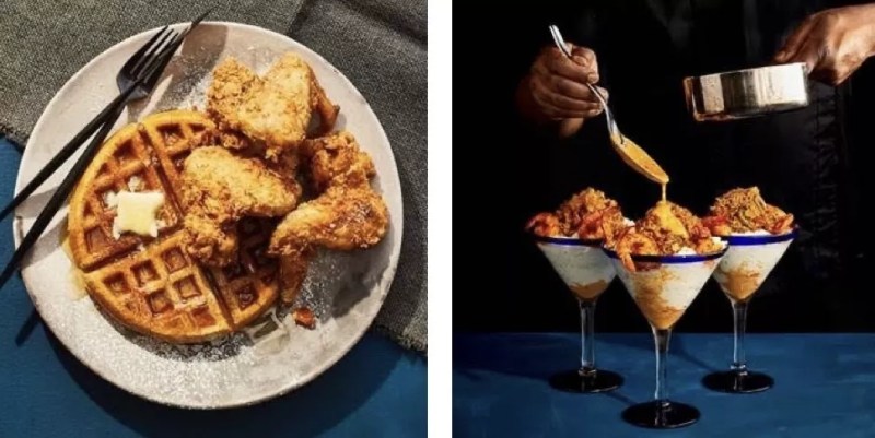 Belgian waffles and cajun seafood grits from Nouveau Noir.