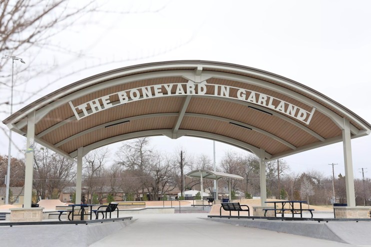 The sign at the gate of The Boneyard skatepark in Garland, Texas.