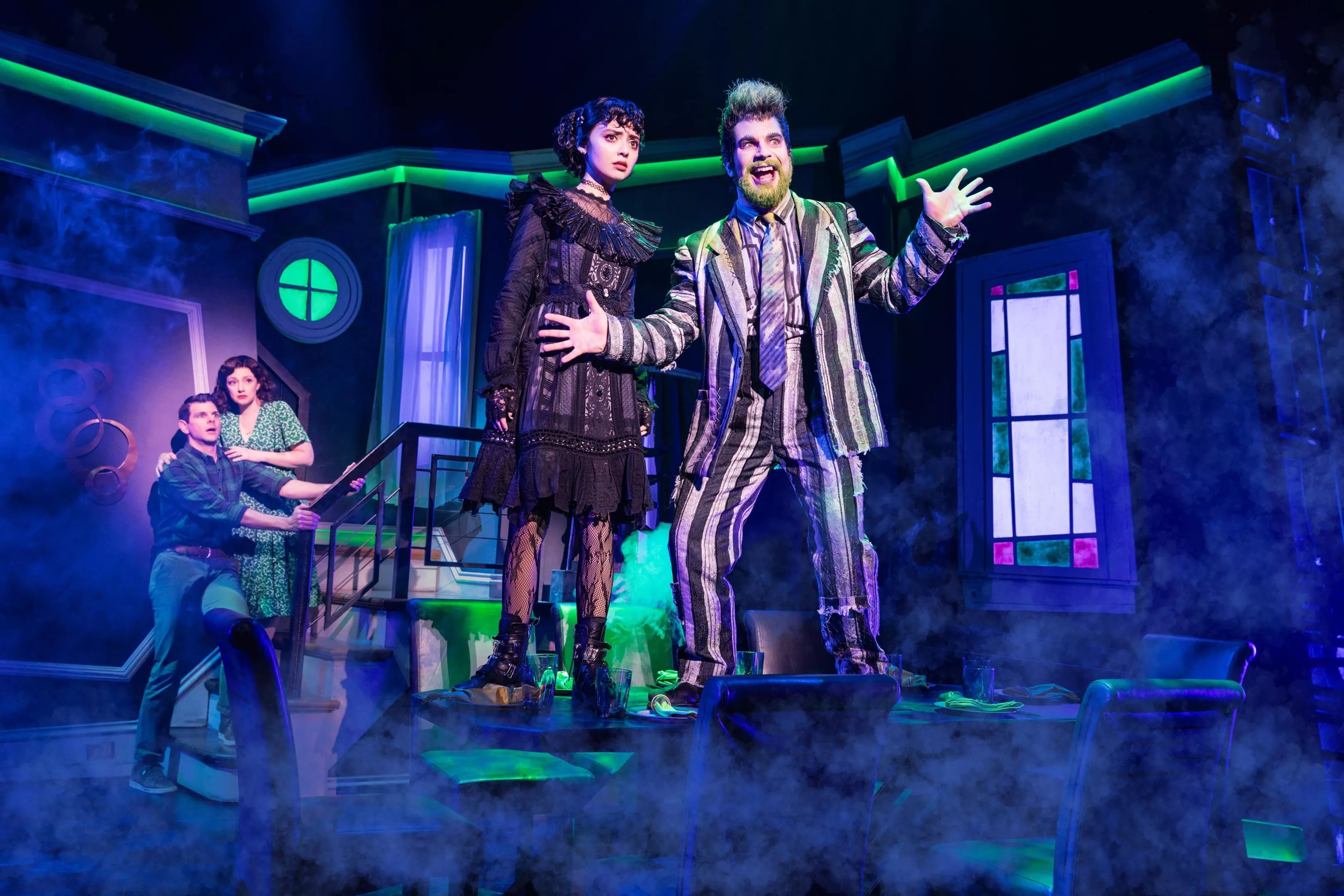 The cast onstage for <i>Beetlejuice: The Musical</i>, which  is now haunting The Music Hall at Fair Park.