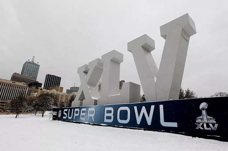 Snow covers the ground around a Super Bowl  XLV in 2011 in Dallas.