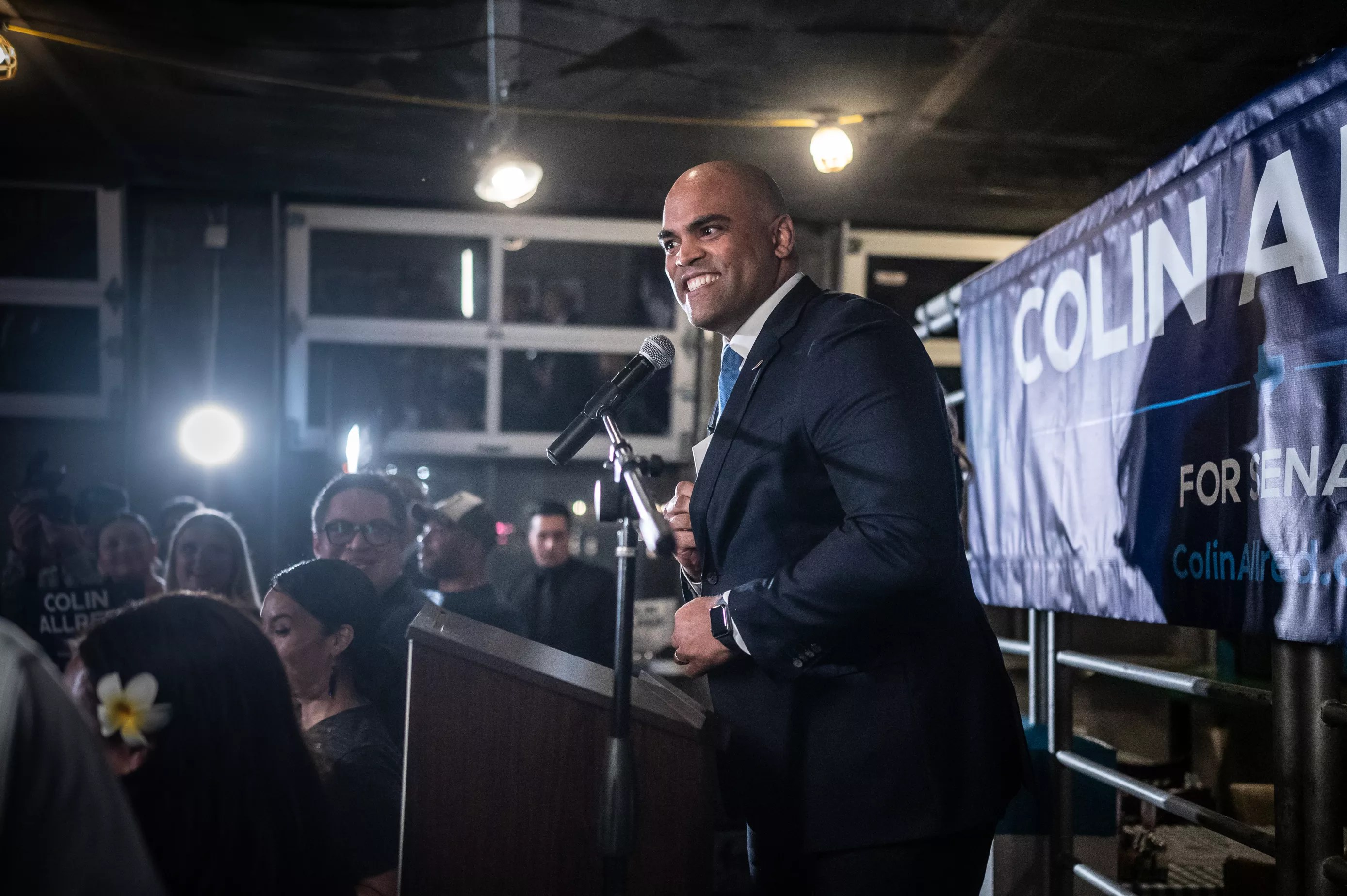 Colin Allred speaks to supporters at Rodeo Goat in Dallas
