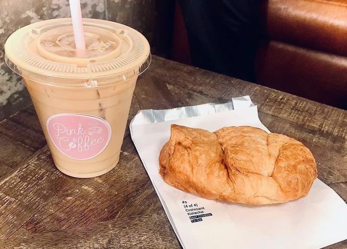 lavender latte and sausage pastry.