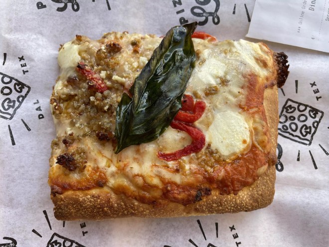 Pizza Leila vodka-sausage-pepper pizza slice