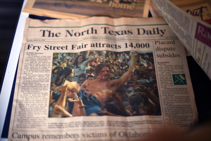 A front page from the UNT student paper about crowds at the original Fry Street Fair.