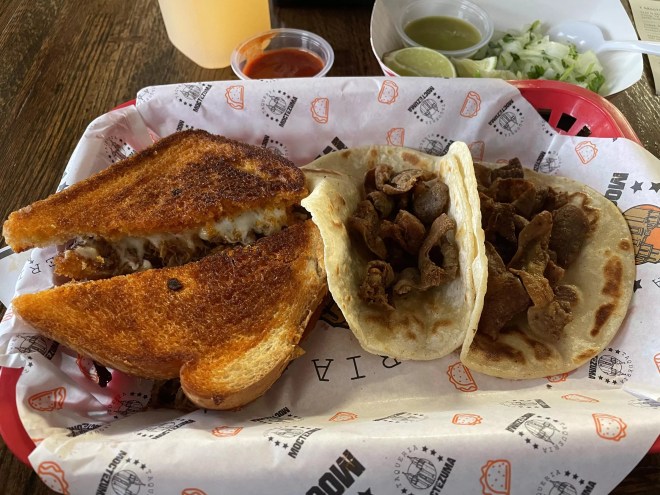 A platter of dishes from Taqueria Moctezuma