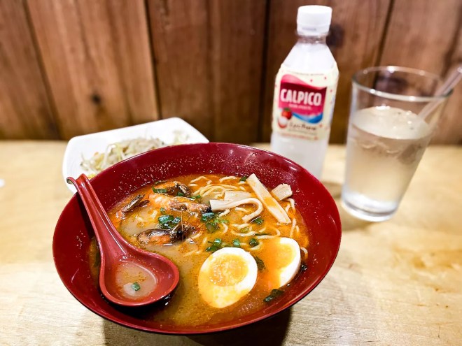 Shrimp ramen and lychee Calpico at Hanabi Ramen.
