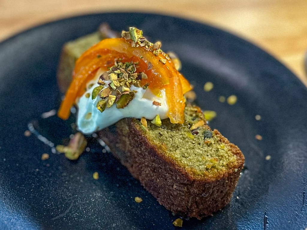 Pistachio Olive Oil Cake with a blood orange marmalade, crème fraiche