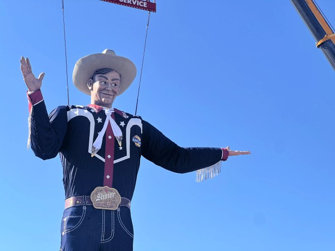 Big Tex is erected and installed at the State Fair of Texas.