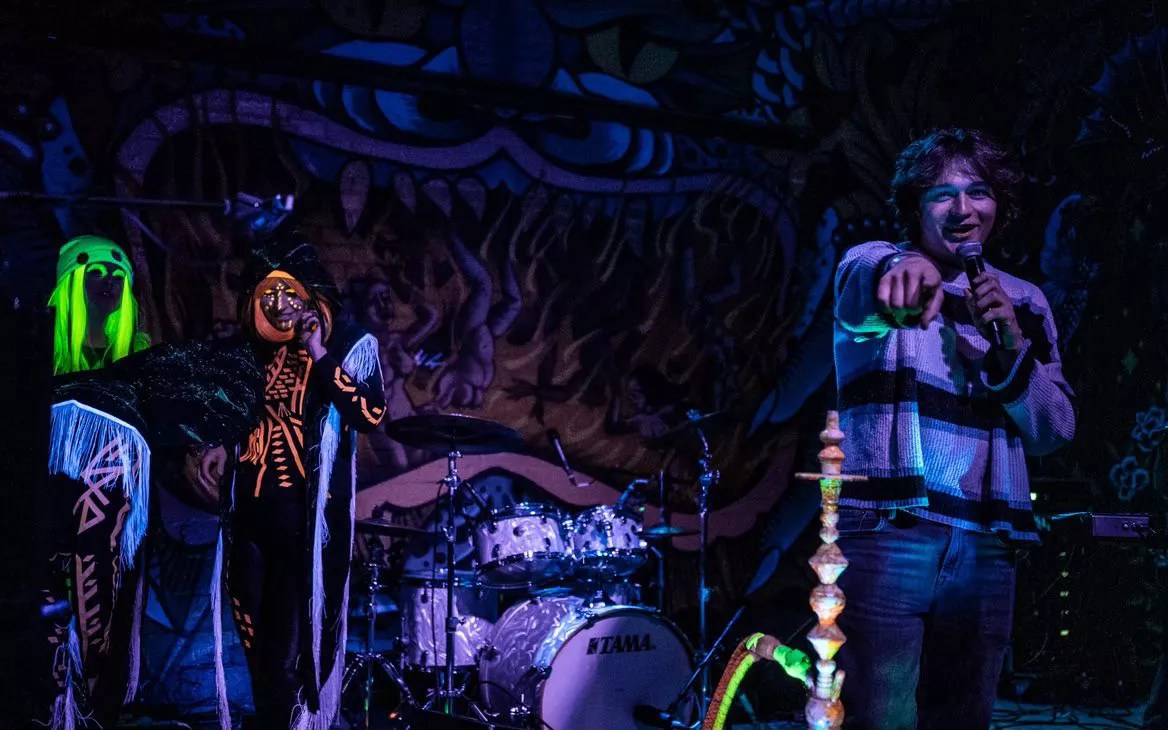 Simon Pruitt (right) introducing Helium Queens at Ruins for the Dallas Observer Showcase at the Deep Ellum Block Party in November.