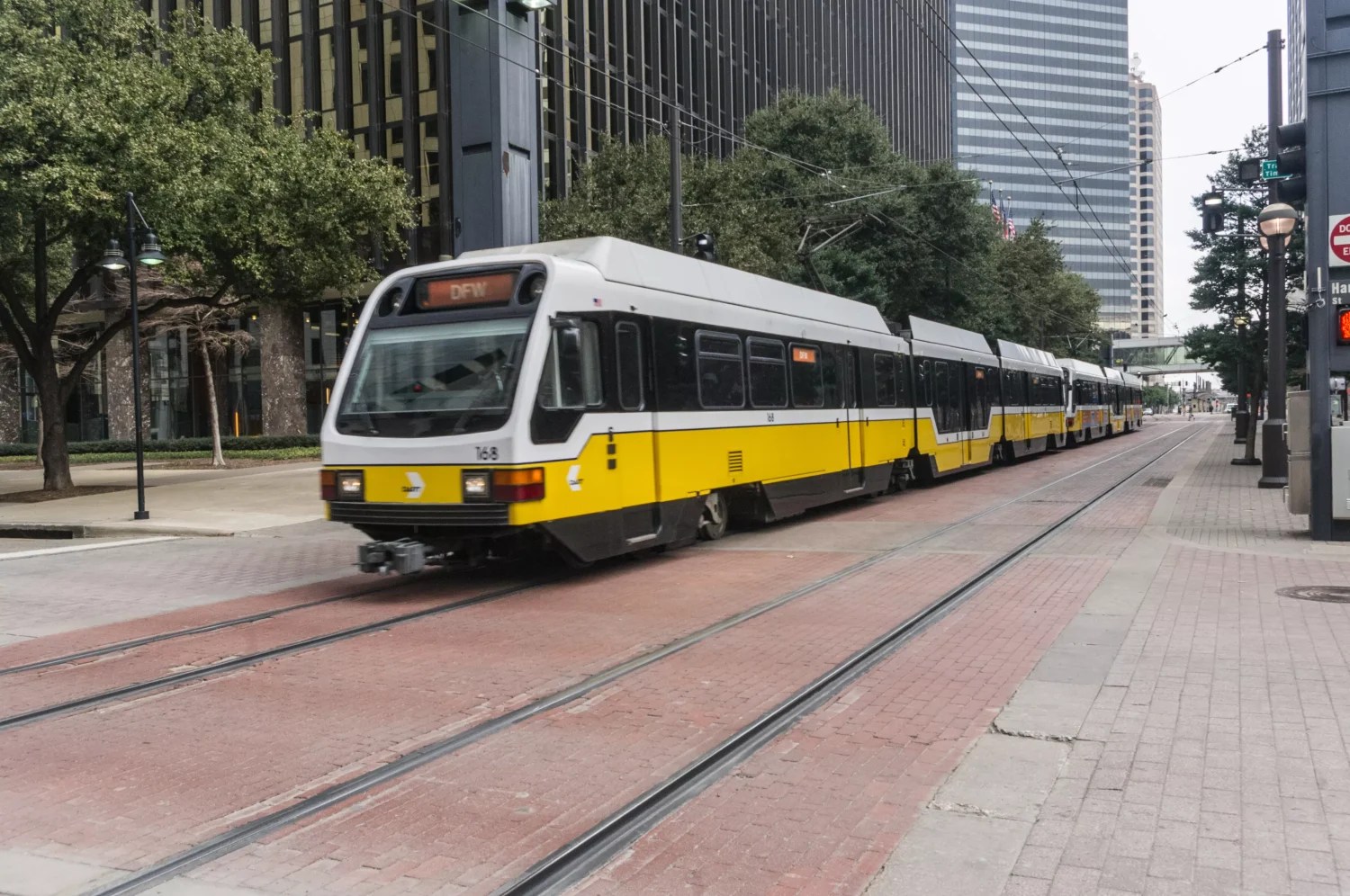 A DART train in downtown Dallas.