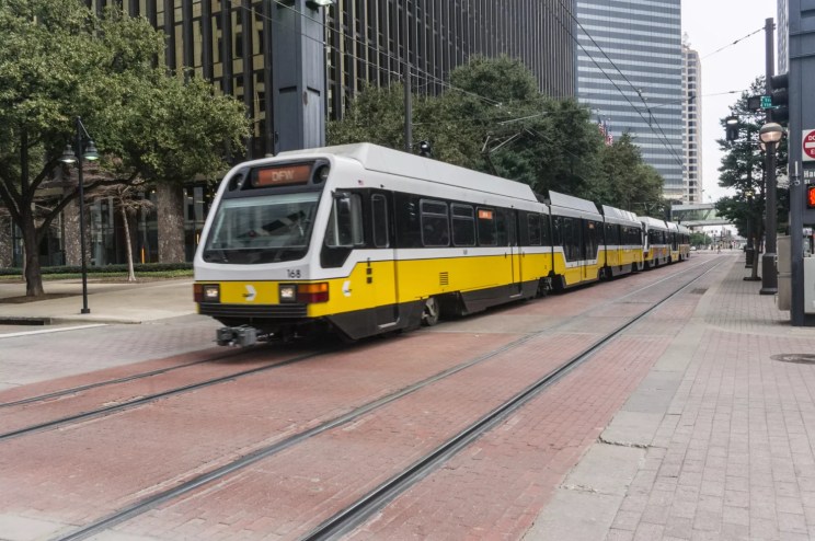A DART train in downtown Dallas.