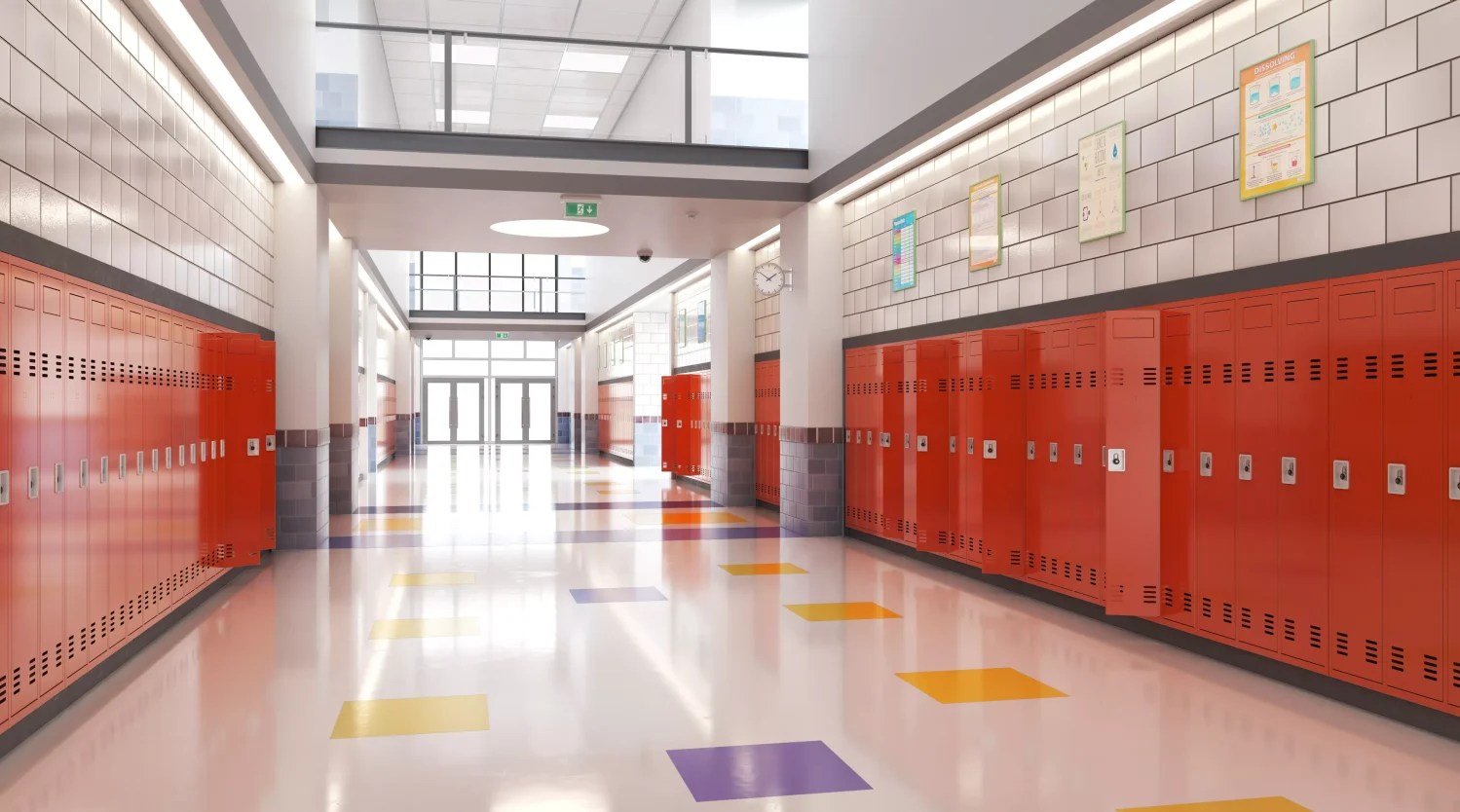 empty school hallway with lockers on each side