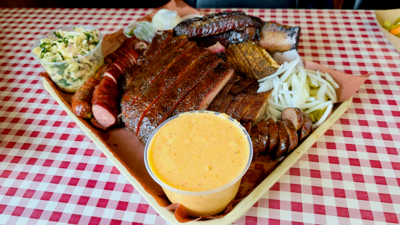 A plate of barbecue from Goldee's.